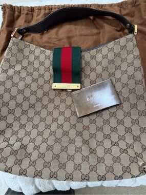 Gucci Brown GG Canvas Messenger Bag with Green and Red Web Stripe
